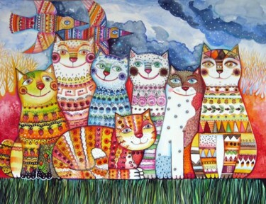 Pintura intitulada "Sept chats optimist…" por Oxana Zaika, Obras de arte originais