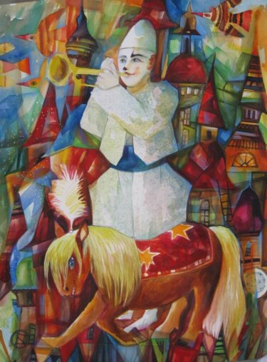 Peinture intitulée "Cirque en ville" par Oxana Zaika, Œuvre d'art originale, Aquarelle