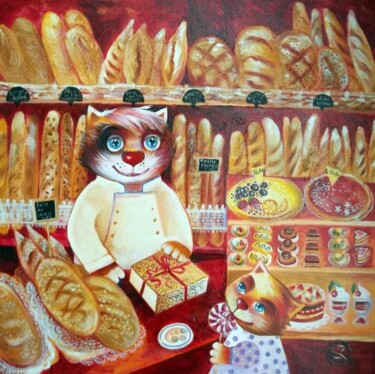 Painting titled "CHAT,boulanger**Mei…" by Oxana Zaika, Original Artwork, Oil