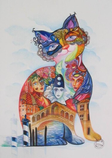 Peinture intitulée "CHAT à Venise" par Oxana Zaika, Œuvre d'art originale