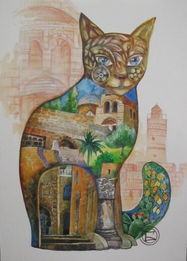 Peinture intitulée "Chat à Jerusalem" par Oxana Zaika, Œuvre d'art originale