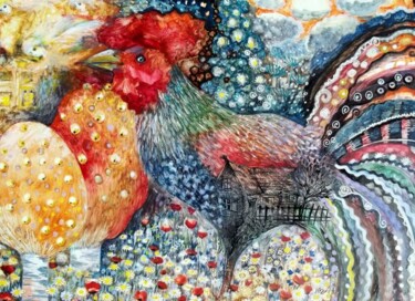 Peinture intitulée "COQ" par Oxana Zaika, Œuvre d'art originale