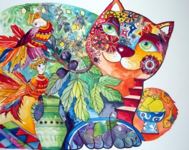 Peinture intitulée "Chat et figues" par Oxana Zaika, Œuvre d'art originale
