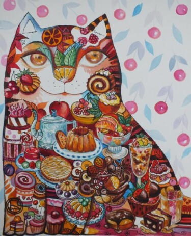 Peinture intitulée "Gourmandise chat" par Oxana Zaika, Œuvre d'art originale, Huile