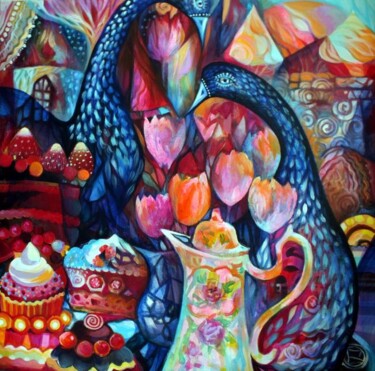 Peinture intitulée "Oiseaux bleus" par Oxana Zaika, Œuvre d'art originale, Huile