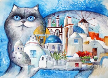 Peinture intitulée "Santorini chat" par Oxana Zaika, Œuvre d'art originale