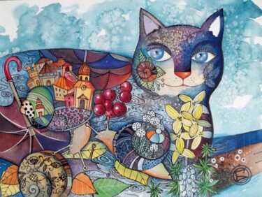 Peinture intitulée "Escargot chat" par Oxana Zaika, Œuvre d'art originale, Huile