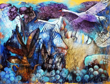 Peinture intitulée "Vol des cignes" par Oxana Zaika, Œuvre d'art originale, Aquarelle