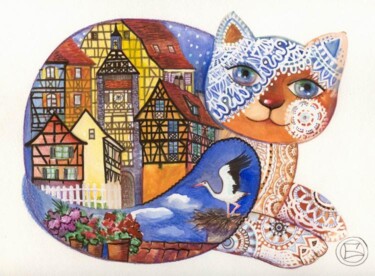 Painting titled "Chat  d' Alsace" by Oxana Zaika, Original Artwork