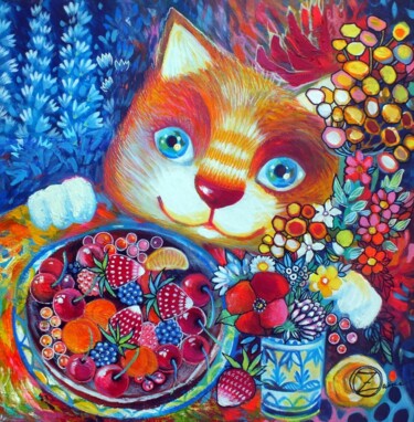 Painting titled "Estival chat" by Oxana Zaika, Original Artwork, Oil