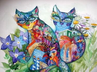 Malerei mit dem Titel "Venise chats" von Oxana Zaika, Original-Kunstwerk, Öl