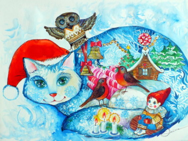 Painting titled "Chat hivernal" by Oxana Zaika, Original Artwork