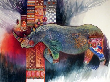 Картина под названием "rhinocéros" - Oxana Zaika, Подлинное произведение искусства, Масло