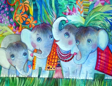 Schilderij getiteld "éléphants" door Oxana Zaika, Origineel Kunstwerk, Olie
