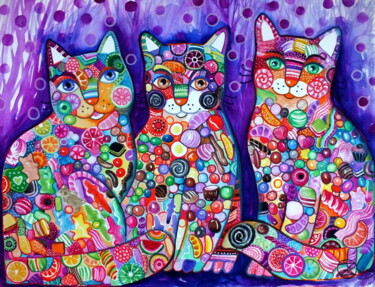 Painting titled "Bonbon chats" by Oxana Zaika, Original Artwork, Watercolor