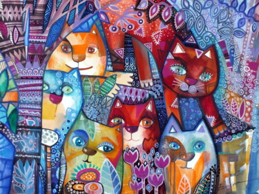 Peinture intitulée "6 chats" par Oxana Zaika, Œuvre d'art originale, Aquarelle