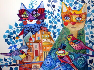 Painting titled "Venise chats" by Oxana Zaika, Original Artwork, Watercolor
