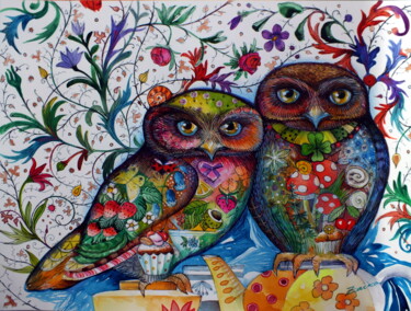 Peinture intitulée "Chouettes" par Oxana Zaika, Œuvre d'art originale, Aquarelle