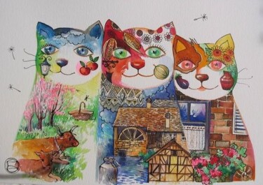 Peinture intitulée "Chats des terroirs" par Oxana Zaika, Œuvre d'art originale