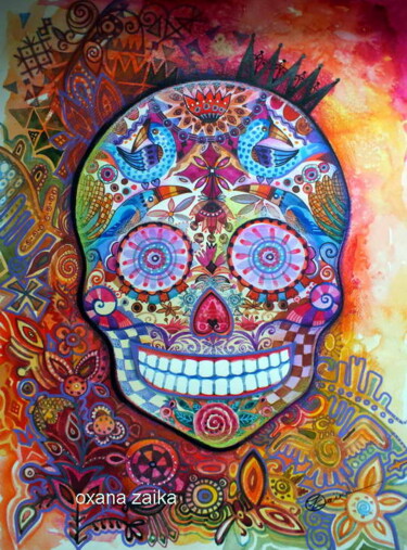 Malerei mit dem Titel "Sugar skull" von Oxana Zaika, Original-Kunstwerk, Aquarell