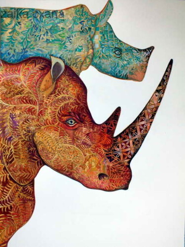 Malerei mit dem Titel "Rhinocéroses" von Oxana Zaika, Original-Kunstwerk, Aquarell
