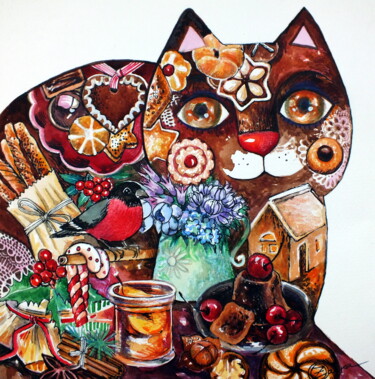 Картина под названием "Chat gâteaux de Noël" - Oxana Zaika, Подлинное произведение искусства, Акварель