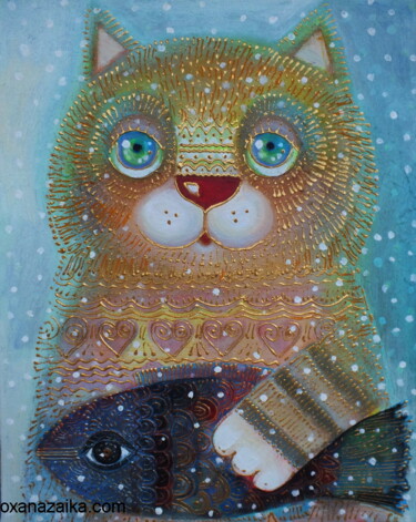Peinture intitulée "Hiver et chat" par Oxana Zaika, Œuvre d'art originale, Acrylique