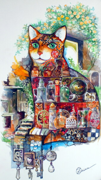 Peinture intitulée "Mystique chat" par Oxana Zaika, Œuvre d'art originale, Aquarelle