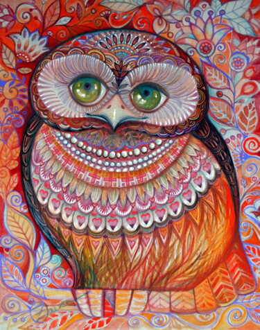 Painting titled "Honey gold owl" by Oxana Zaika, Original Artwork, Watercolor