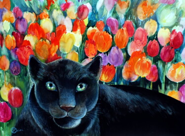 Картина под названием "panthère noire" - Oxana Zaika, Подлинное произведение искусства, Акварель