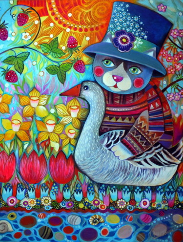 Malerei mit dem Titel "Chat printanier" von Oxana Zaika, Original-Kunstwerk, Acryl