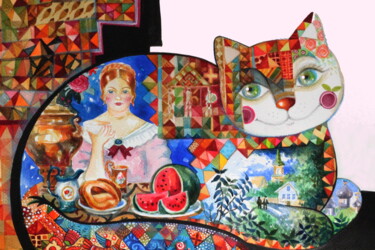 "Russian quilt cat" başlıklı Tablo Oxana Zaika tarafından, Orijinal sanat, Mürekkep