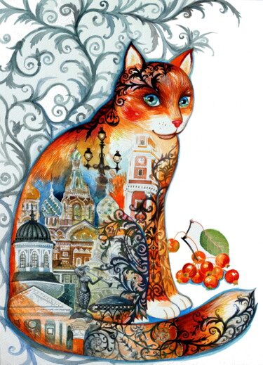 Peinture intitulée "Saint Petersburg cat" par Oxana Zaika, Œuvre d'art originale, Aquarelle