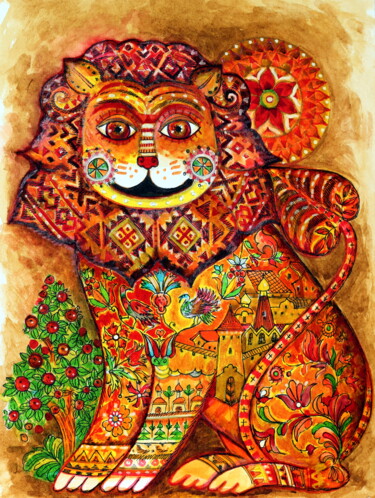 Peinture intitulée "Lion" par Oxana Zaika, Œuvre d'art originale, Encre