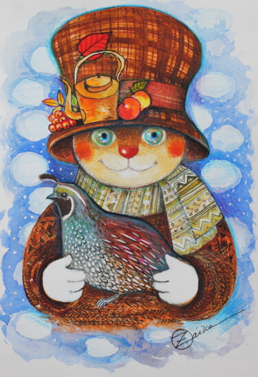 Painting titled "Chat automne avec u…" by Oxana Zaika, Original Artwork, Watercolor