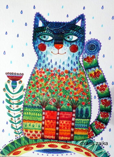 Malerei mit dem Titel "Chat pluie" von Oxana Zaika, Original-Kunstwerk, Aquarell