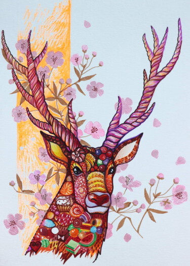 Peinture intitulée "Magic candy deer" par Oxana Zaika, Œuvre d'art originale, Aquarelle
