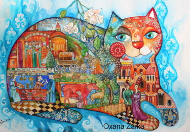 Картина под названием "medieval cat" - Oxana Zaika, Подлинное произведение искусства, Акварель