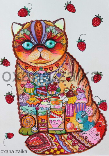 Картина под названием "Sweet cat" - Oxana Zaika, Подлинное произведение искусства, Акварель