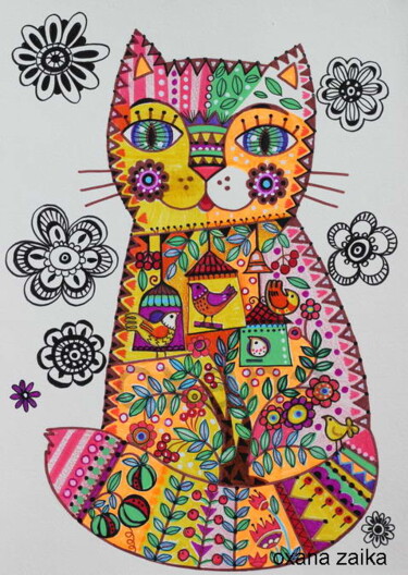 Peinture intitulée "Folk cat" par Oxana Zaika, Œuvre d'art originale, Aquarelle