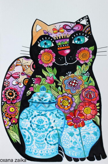 Peinture intitulée "Black cat" par Oxana Zaika, Œuvre d'art originale, Aquarelle