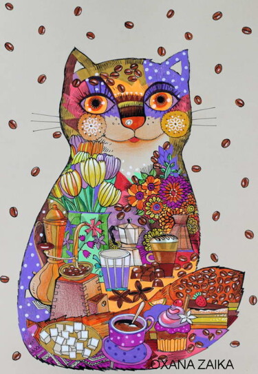 Peinture intitulée "Coffee cat" par Oxana Zaika, Œuvre d'art originale, Aquarelle