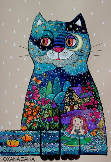 Peinture intitulée "Night cat" par Oxana Zaika, Œuvre d'art originale, Aquarelle