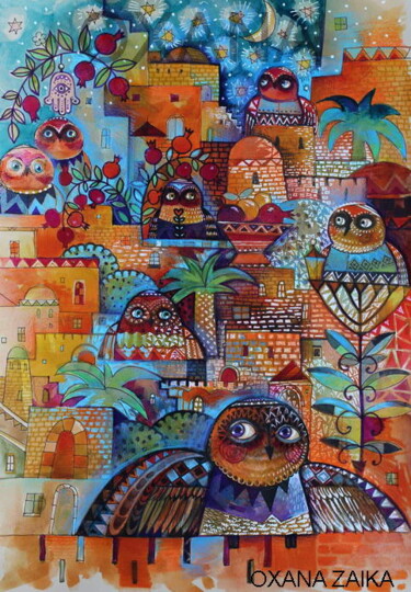 Картина под названием "7Jerusalem owls" - Oxana Zaika, Подлинное произведение искусства, Акварель