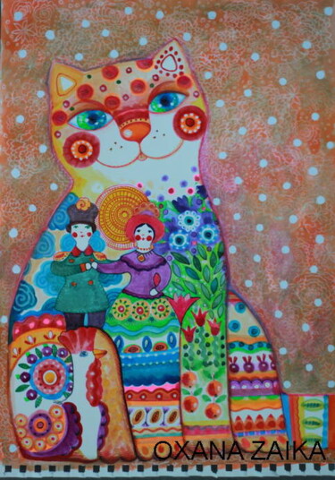 Картина под названием "Russian deco cat" - Oxana Zaika, Подлинное произведение искусства, Чернила