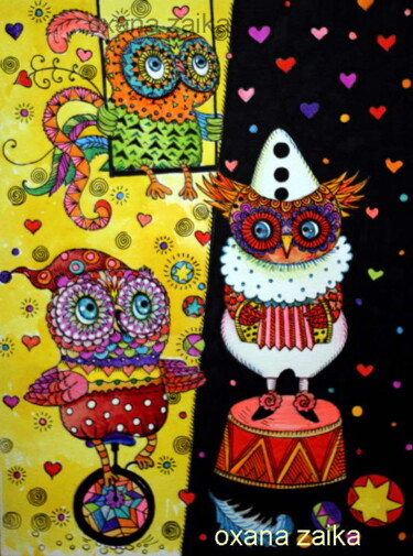 Картина под названием "Owls circus" - Oxana Zaika, Подлинное произведение искусства, Чернила