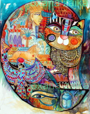 Peinture intitulée "Égypte cat" par Oxana Zaika, Œuvre d'art originale, Encre
