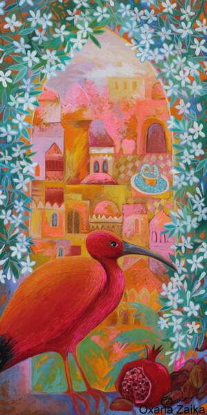 Malerei mit dem Titel "Ibis rouge" von Oxana Zaika, Original-Kunstwerk, Acryl