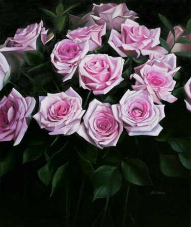 Ζωγραφική με τίτλο "Pink Roses #2" από Oxana Babkina, Αυθεντικά έργα τέχνης, Λάδι