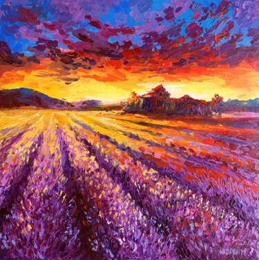 Painting titled ""Sunset in a lavend…" by Oxypoint, Original Artwork, Oil Mounted on Wood Stretcher frame